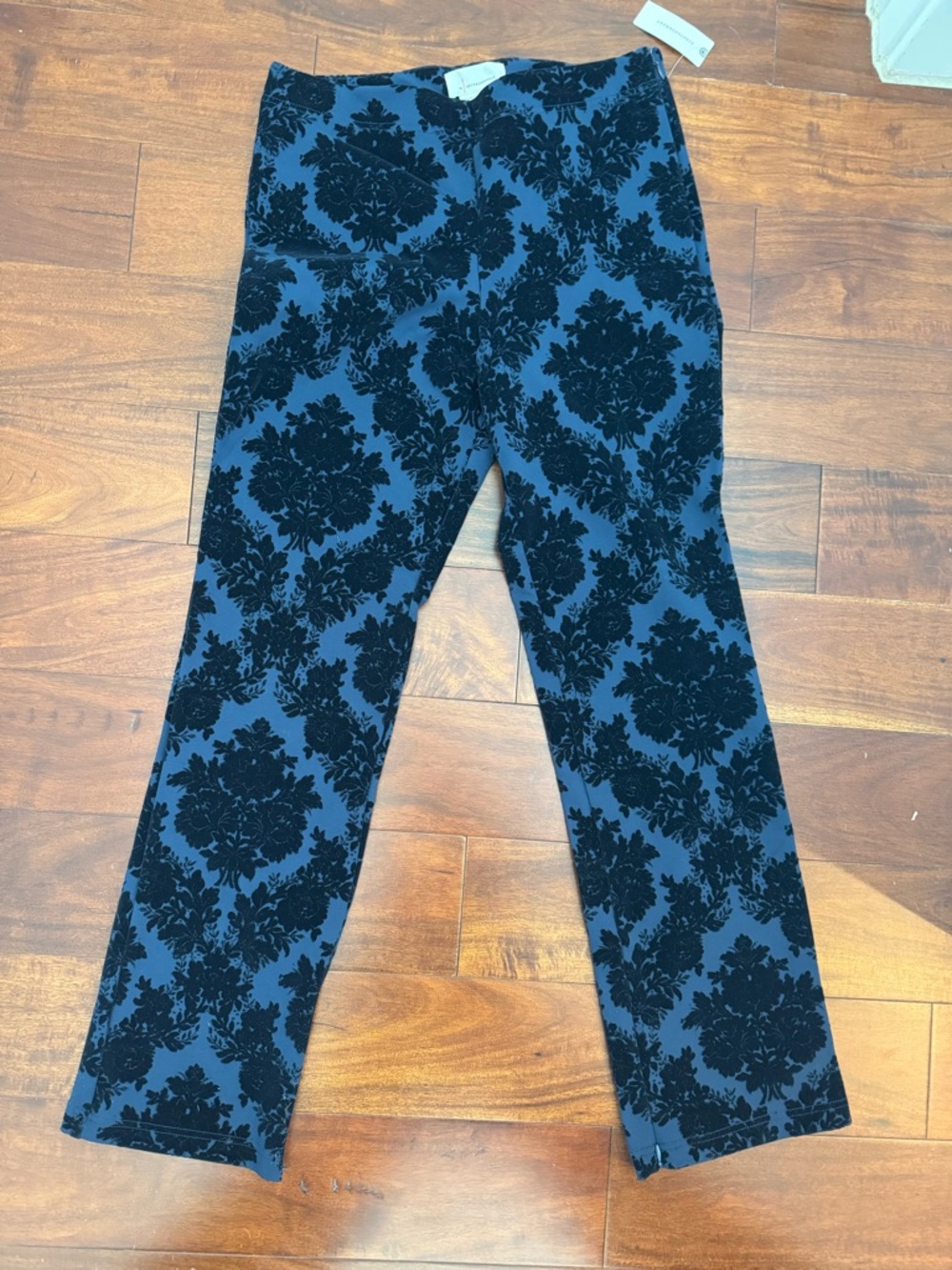 Anthropologie Blue Pants with Black Floral Damask